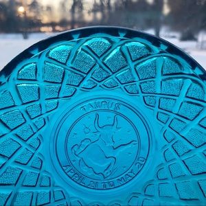 SOLD! Vintage Blue Pressed Glass Taurus Zodiac trinket dish tray bowl